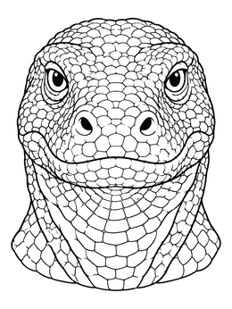 Detailed komodo dragon coloring page showing a close-up frontal view of a scaly reptile face.