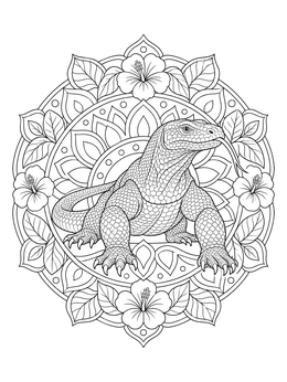 A detailed komodo dragon coloring page framed by a tropical floral mandala.