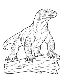 A komodo dragon coloring page showing the giant lizard standing proud on a wooden log.