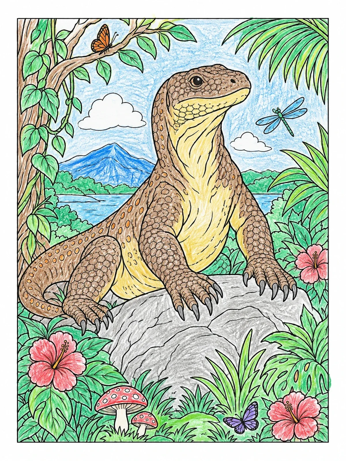 Colored example of the Komodo Dragon On Jungle Rock coloring page
