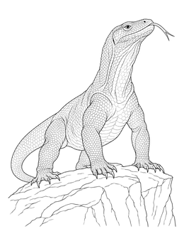 A detailed komodo dragon coloring page showing the giant lizard perched atop a rocky ledge with flicking tongue.