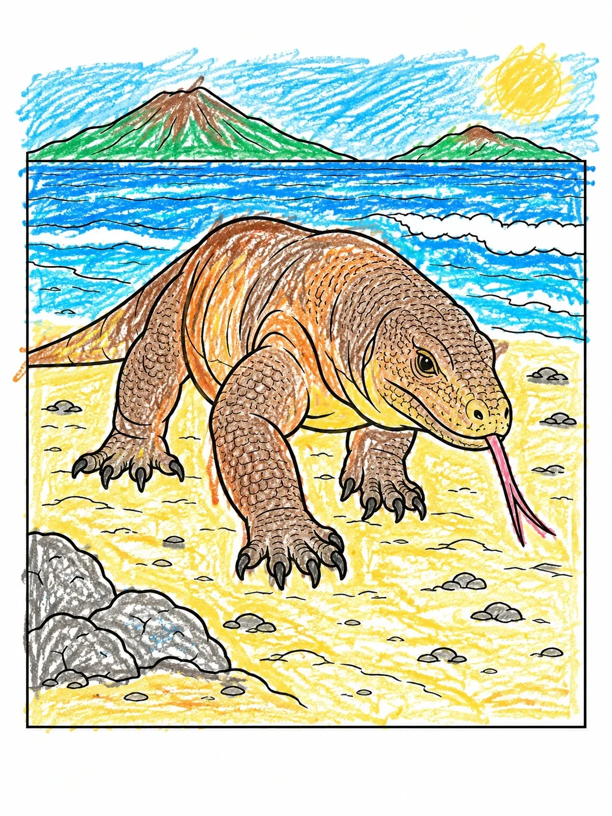Colored example of the Komodo Dragon On The Beach coloring page