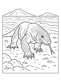 A komodo dragon coloring page showing the giant lizard prowling along a volcanic shoreline.