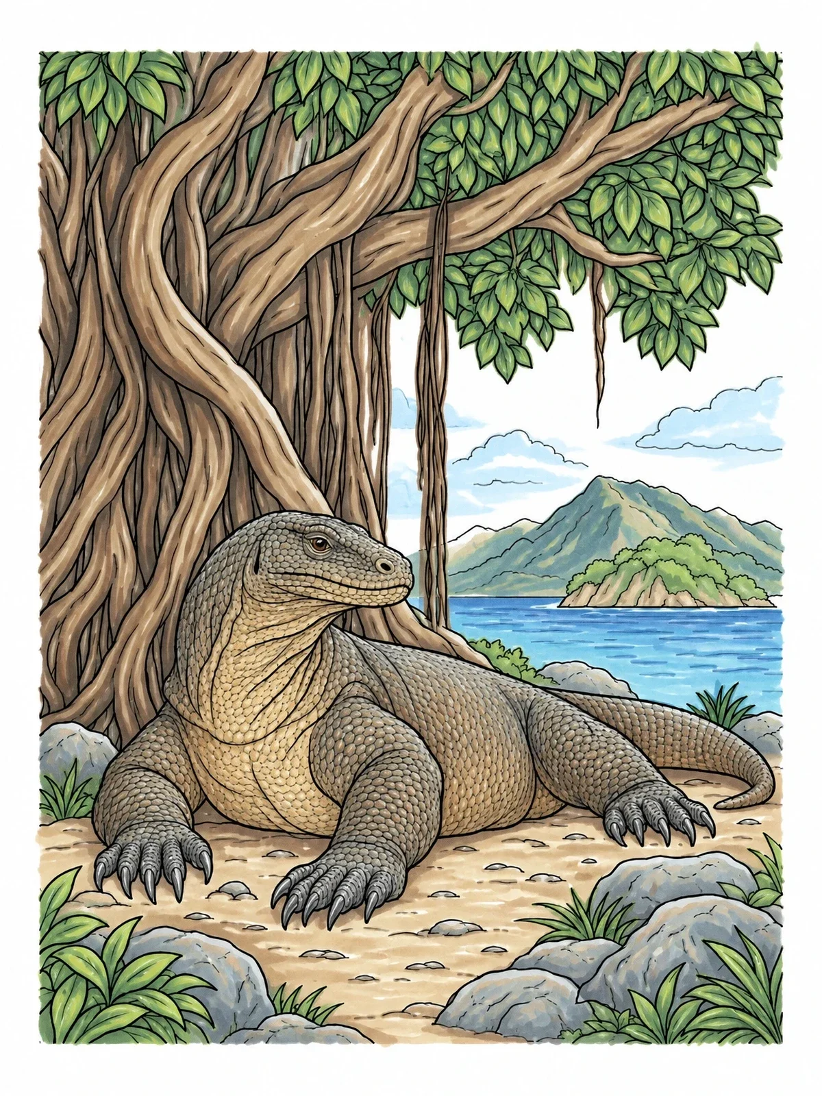 Colored example of the Komodo Dragon Resting Under Banyan Tree coloring page