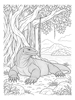 A detailed komodo dragon coloring page resting beneath a large banyan tree by the coast.