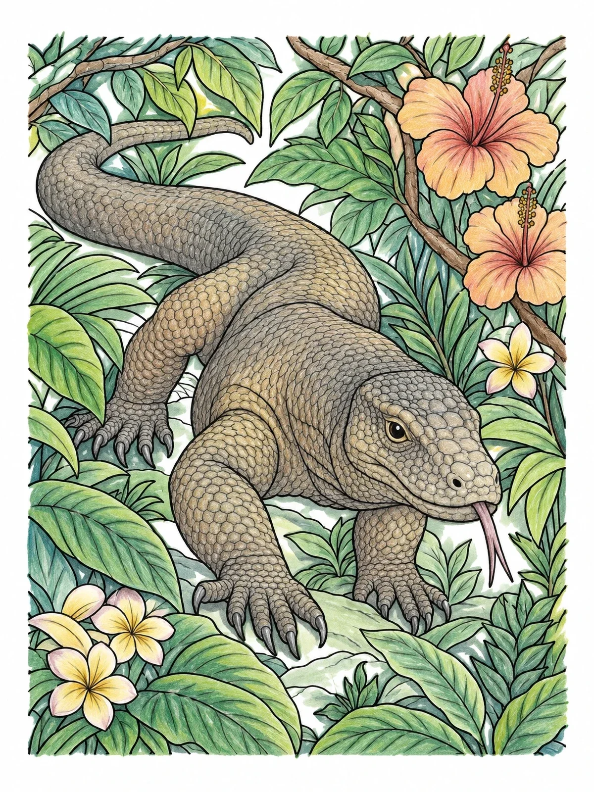 Colored example of the Komodo Dragon In Tropical Jungle coloring page