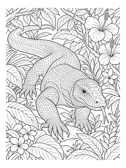 A detailed komodo dragon coloring page surrounded by tropical jungle plants and hibiscus flowers.