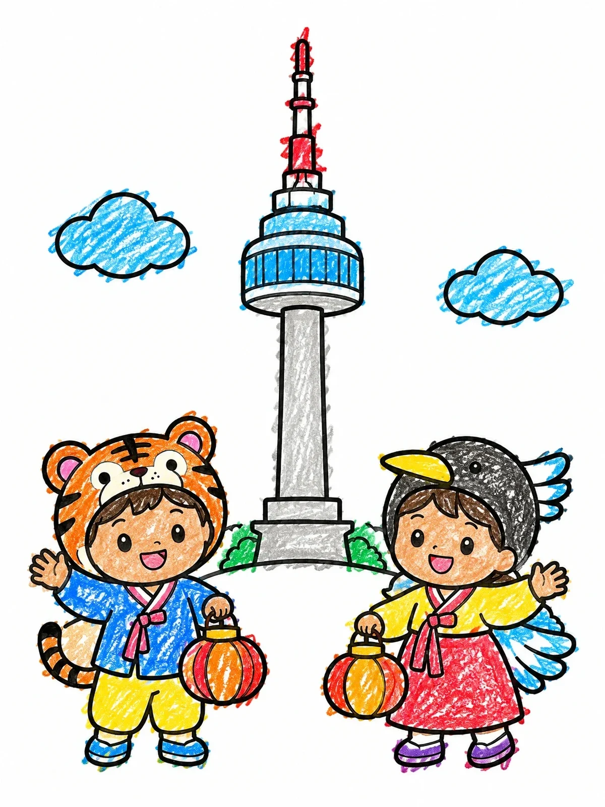 Colored example of the Children In Costumes At N Seoul Tower coloring page