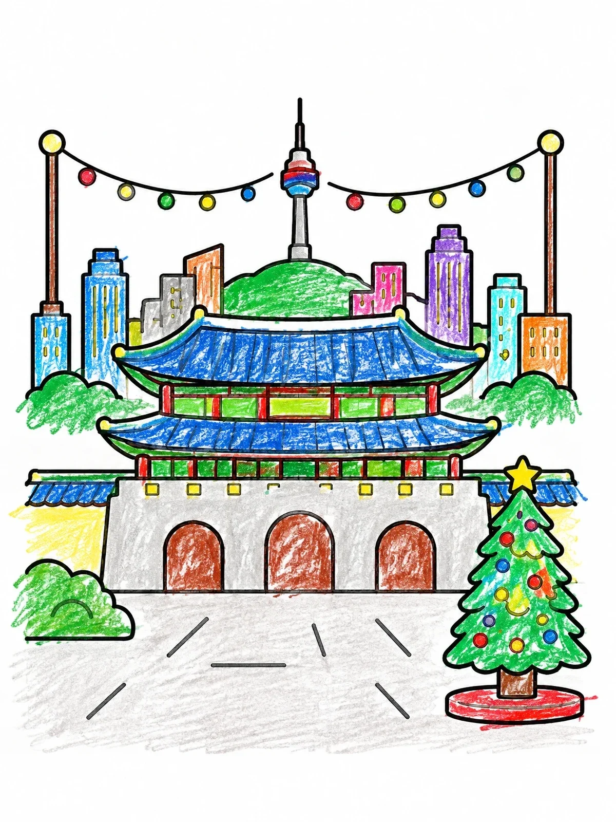 Colored example of the Festive Seoul City And Palace coloring page