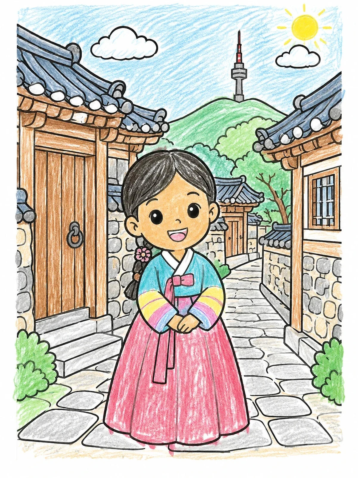 Colored example of the Girl In Hanok Village coloring page