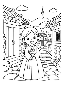 Free printable Girl In Hanok Village coloring page