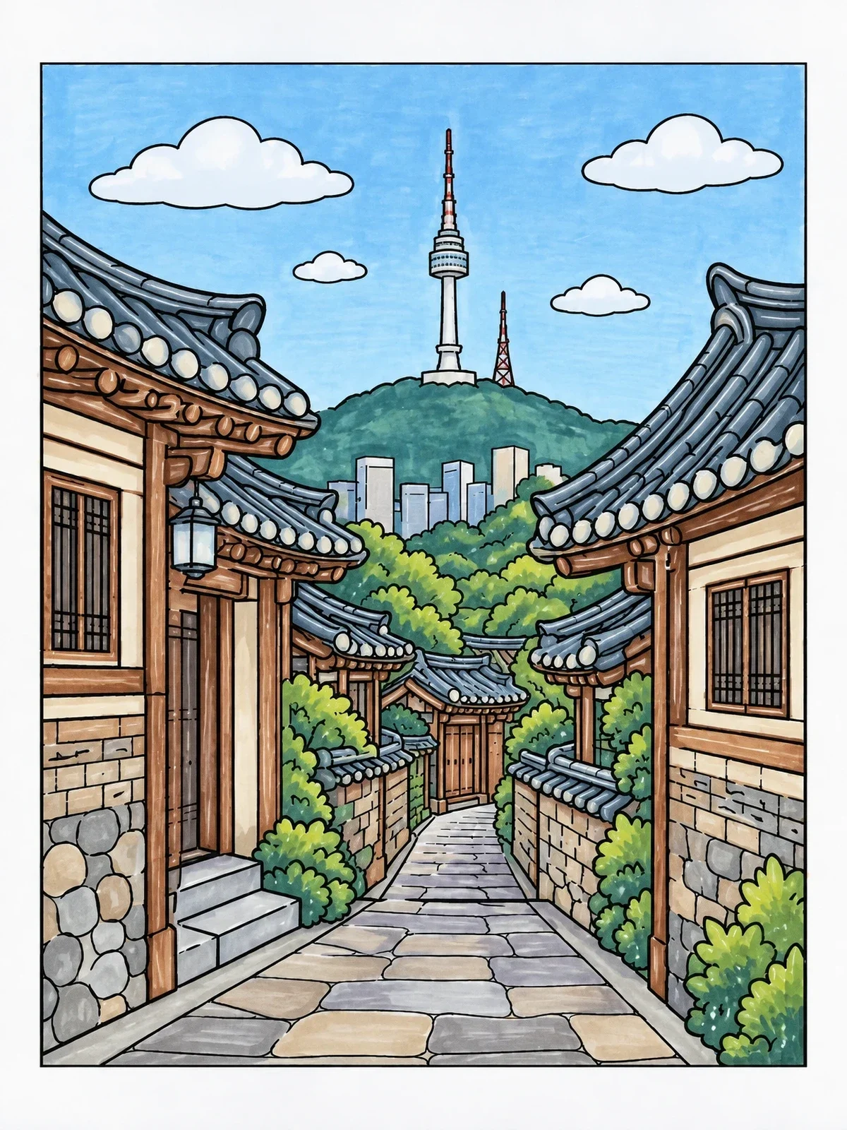 Colored example of the Traditional Hanok Village And Seoul Tower coloring page