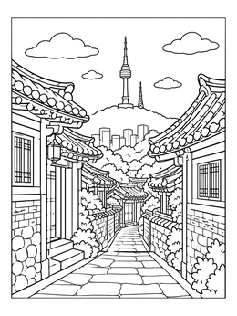 A peaceful street in Bukchon with N Seoul Tower in the distance on this korea coloring page.