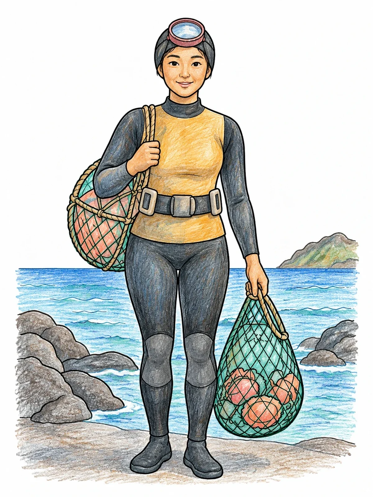 Colored example of the Jeju Island Haenyeo Diver coloring page
