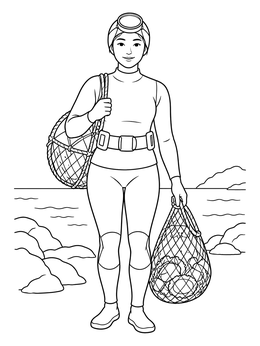 A female diver on a rocky shore holds catch nets in this korea coloring page.