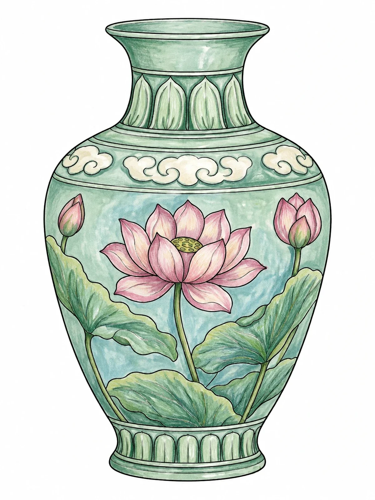 Colored example of the Korean Celadon Vase With Lotus Flowers coloring page