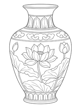 A decorative ceramic vase with lotus blossoms on this Korea coloring page.