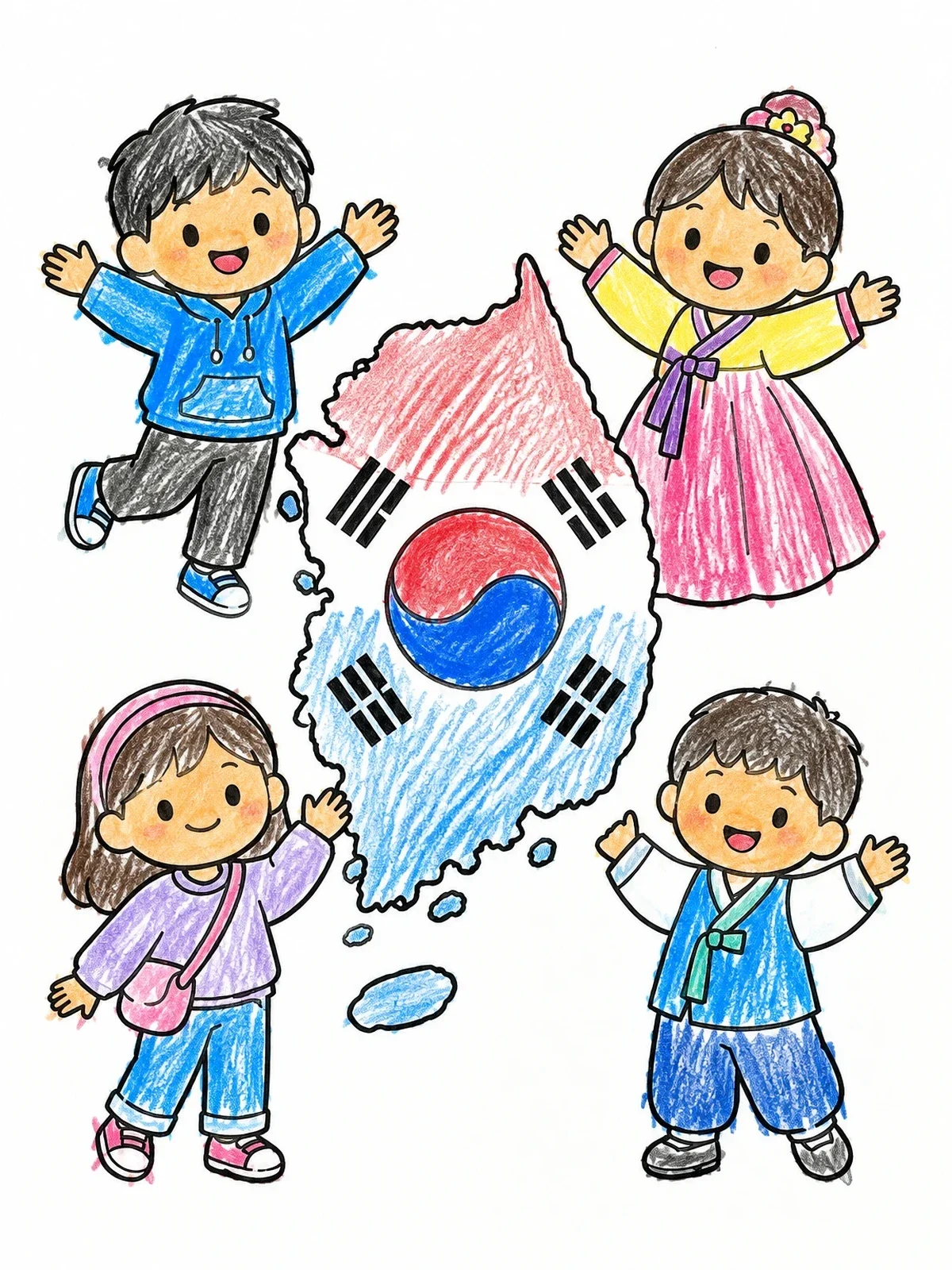 Colored example of the Korean Children And South Korea Map coloring page