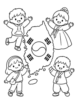 A korea coloring page featuring happy children around an outline map of South Korea.