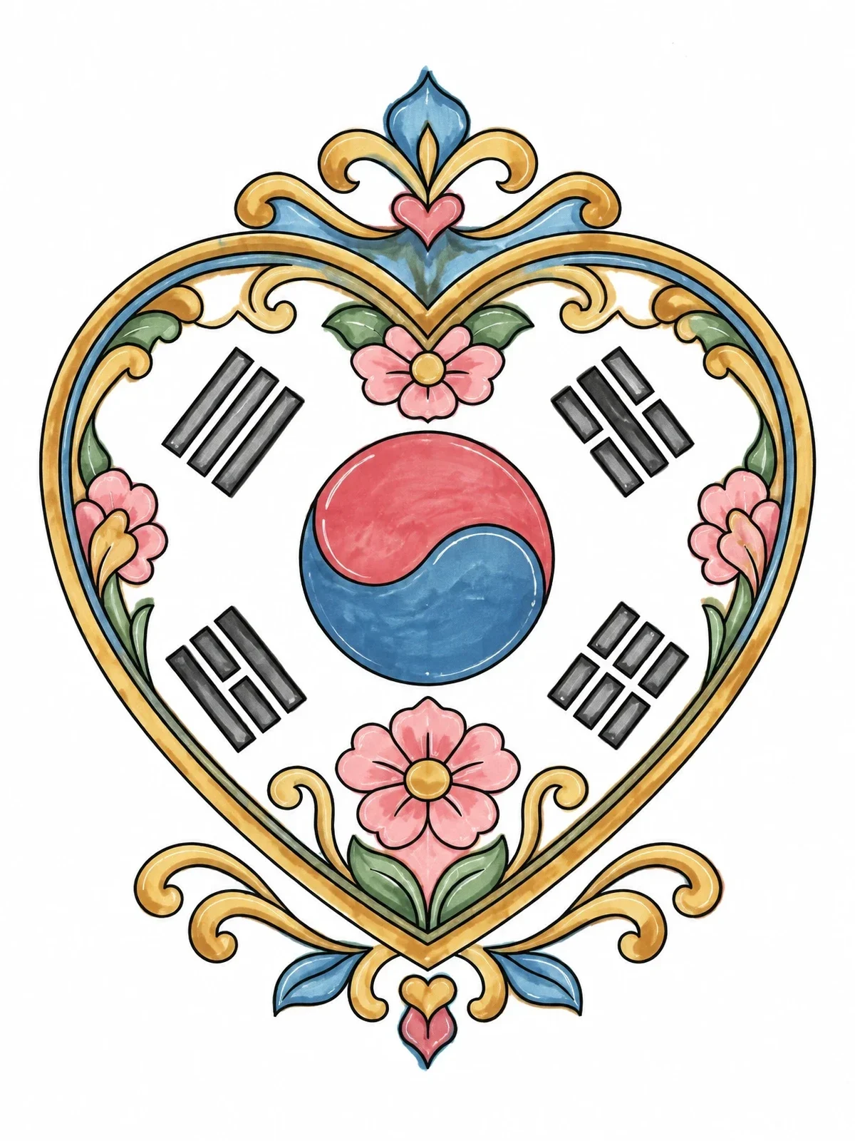 Colored example of the Korean Flag Emblem In Heart Frame coloring page