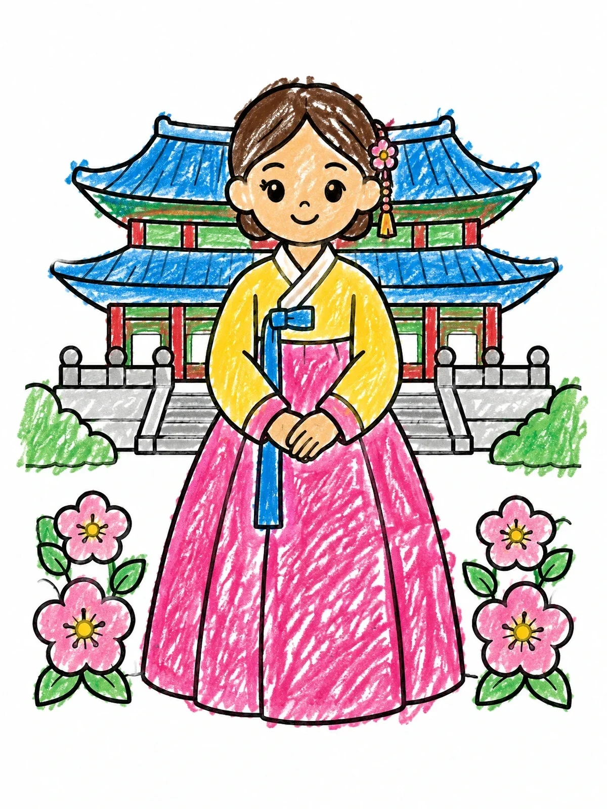 Colored example of the Korean Girl In Hanbok By Palace coloring page