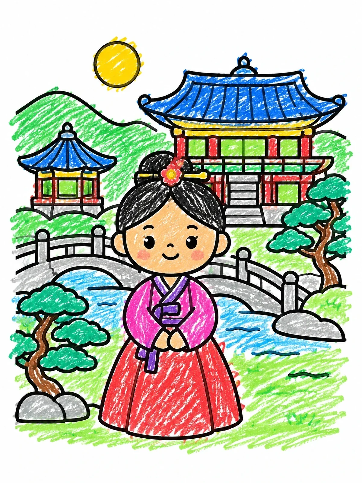 Colored example of the Korean Girl In Front Of Palace coloring page