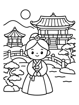 Free printable Korean Girl In Front Of Palace coloring page