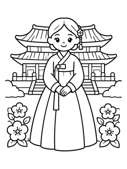 Free printable Korean Girl In Hanbok By Palace coloring page