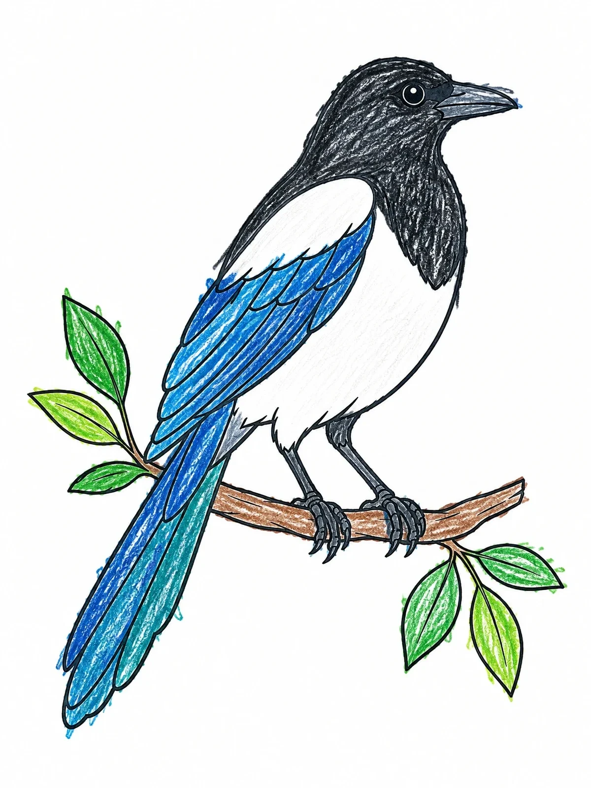 Colored example of the Korean Magpie Perched On Branch coloring page