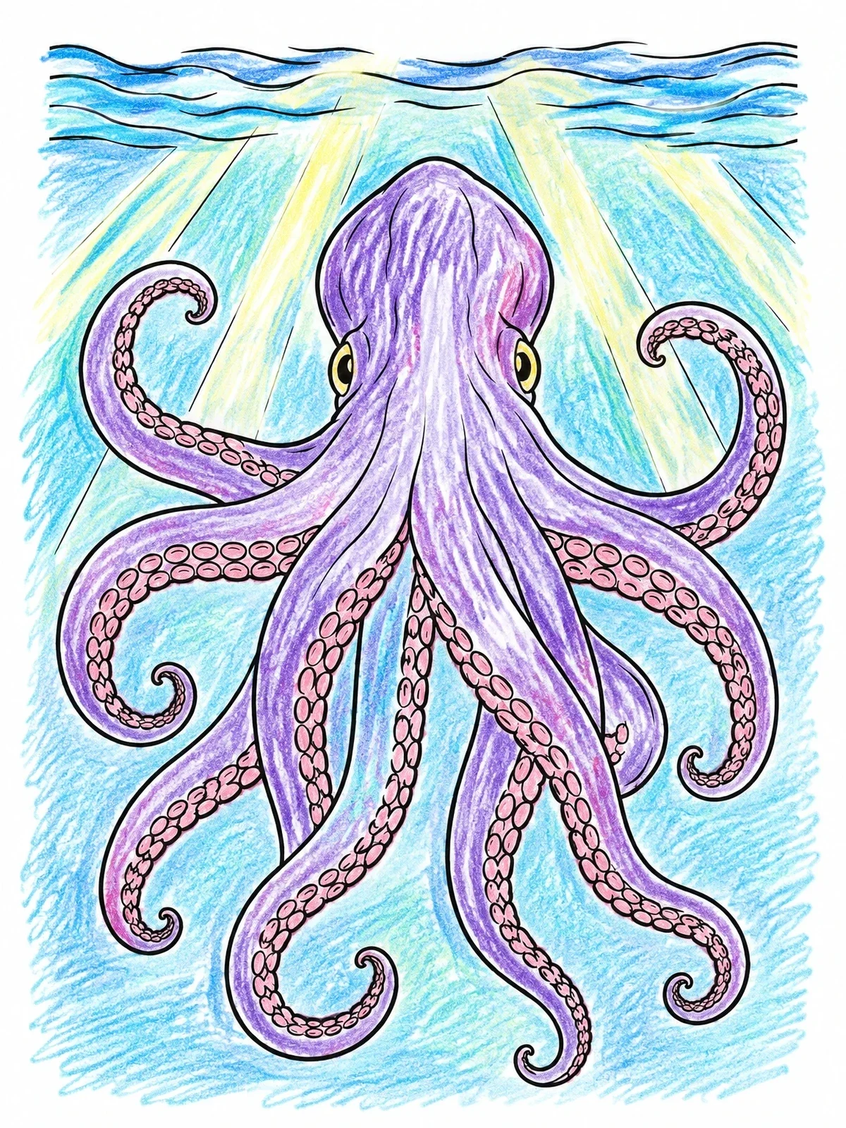 Colored example of the Kraken Beneath Sunlit Ocean Waves coloring page