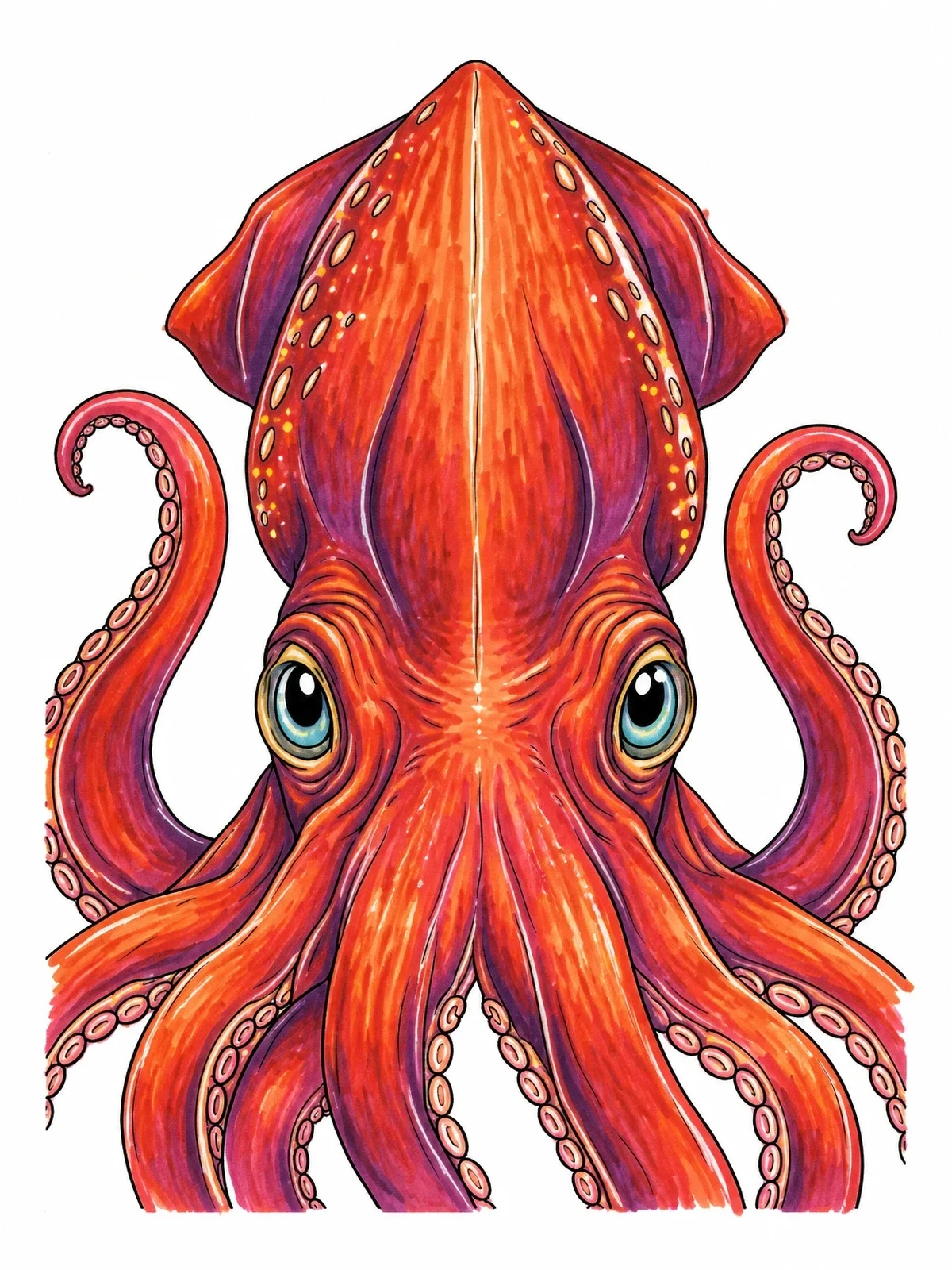 Colored example of the Detailed Giant Squid Head Portrait coloring page