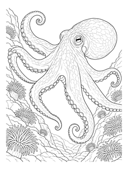 Free printable Giant Octopus Gliding Over Sea Anemones coloring page