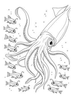 Free printable Giant Squid And Lanternfish In Deep Sea coloring page