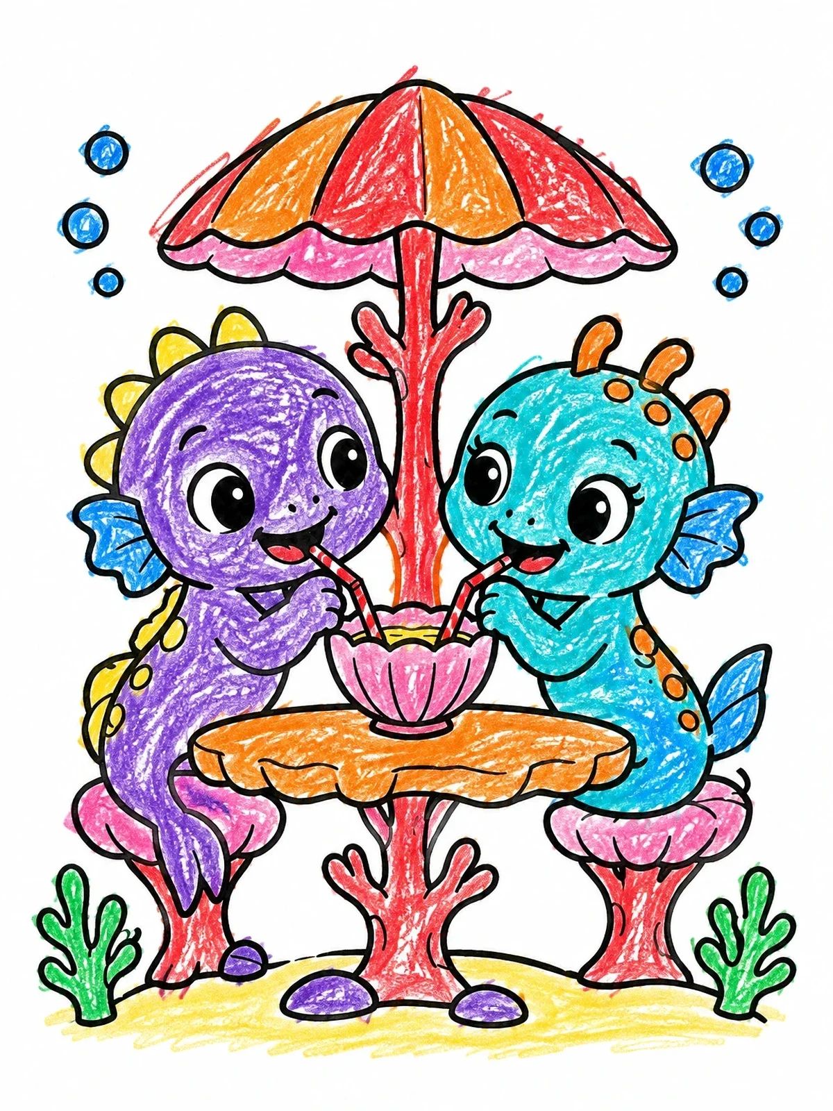 Colored example of the Sea Monster Friends At Underwater Cafe coloring page