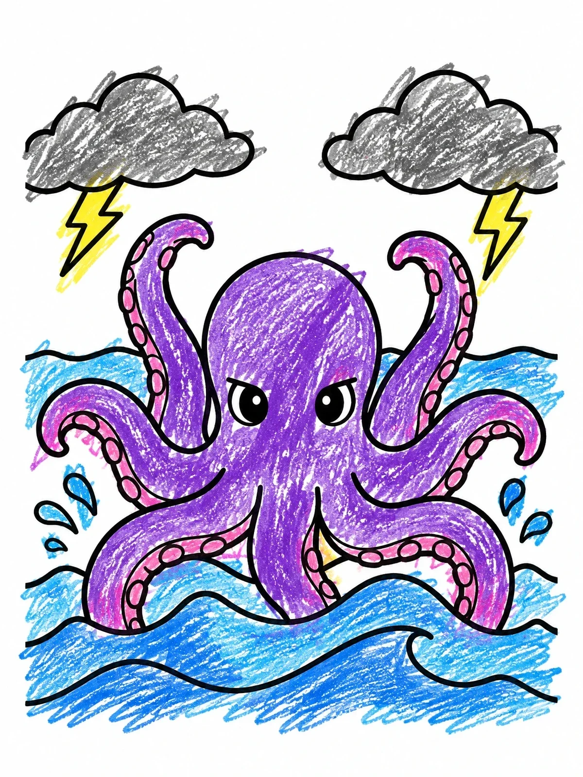 Colored example of the Kraken Sea Monster In Stormy Waves coloring page
