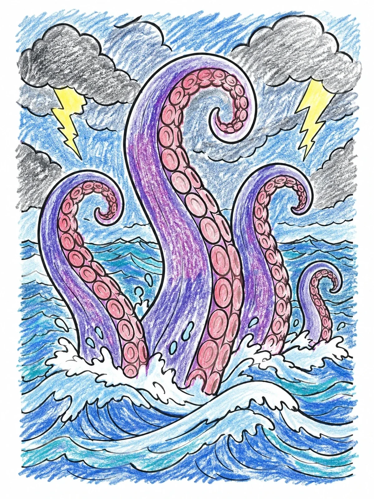 Colored example of the Kraken Tentacles In Stormy Sea coloring page