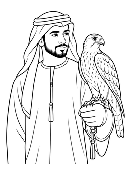 A falconer in traditional attire holds a bird on this kuwait coloring page.