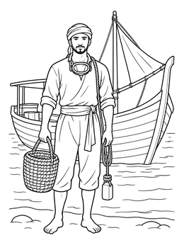 A pearl diver holding a basket in this kuwait coloring page.