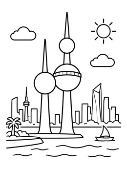 Free printable Kuwait Towers Waterfront Skyline coloring page