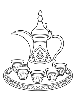An ornate dallah pot with finjan cups on a round tray in this kuwait coloring page.