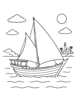 Free printable Traditional Dhow Boat Sailing Near Shore coloring page