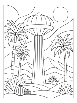 A striped mushroom water tower and palms on this kuwait coloring page.