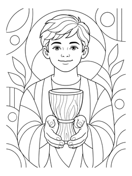 A smiling boy presents the wooden cup in this kwanza coloring page with patterned shapes.