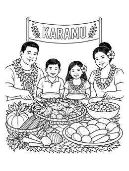 A family gathers behind a festive table in this kwanza coloring page.