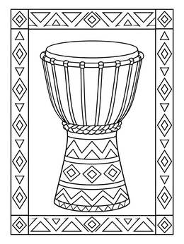 A detailed djembe drum within a decorative border on this kwanza coloring page.