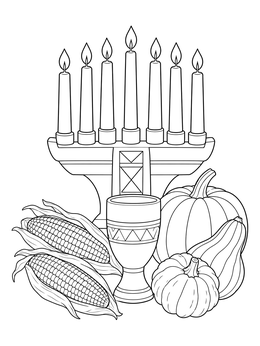 A decorative kinara with candles, corn, and squash in a detailed kwanza coloring page.
