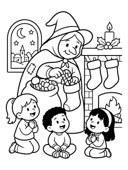 Children watch La Befana fill stockings with sweets in this holiday coloring page.