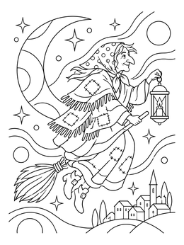 La Befana flying on a broom in this christmas in italy coloring page.