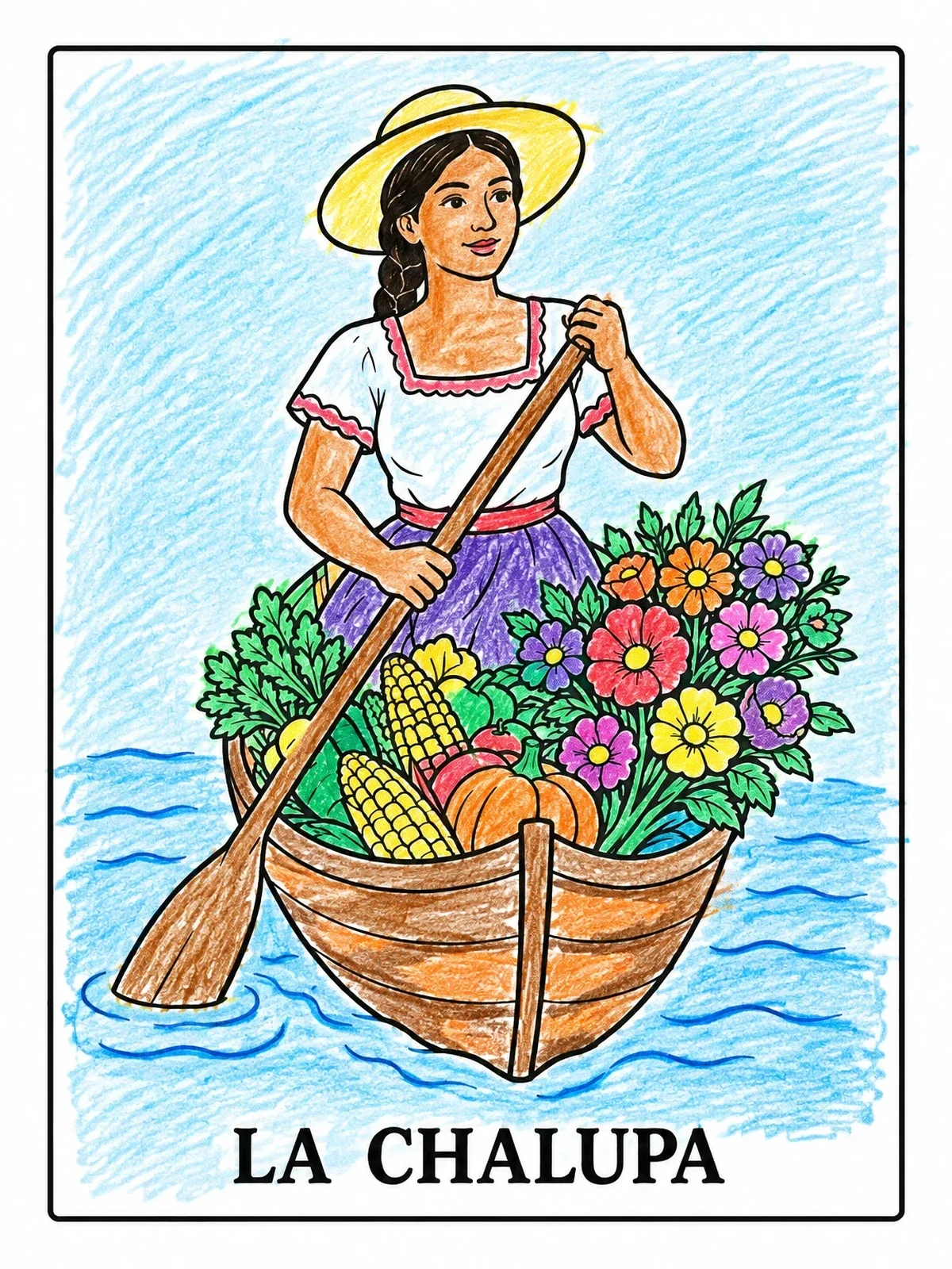 Colored example of the La Chalupa Loteria Card coloring page