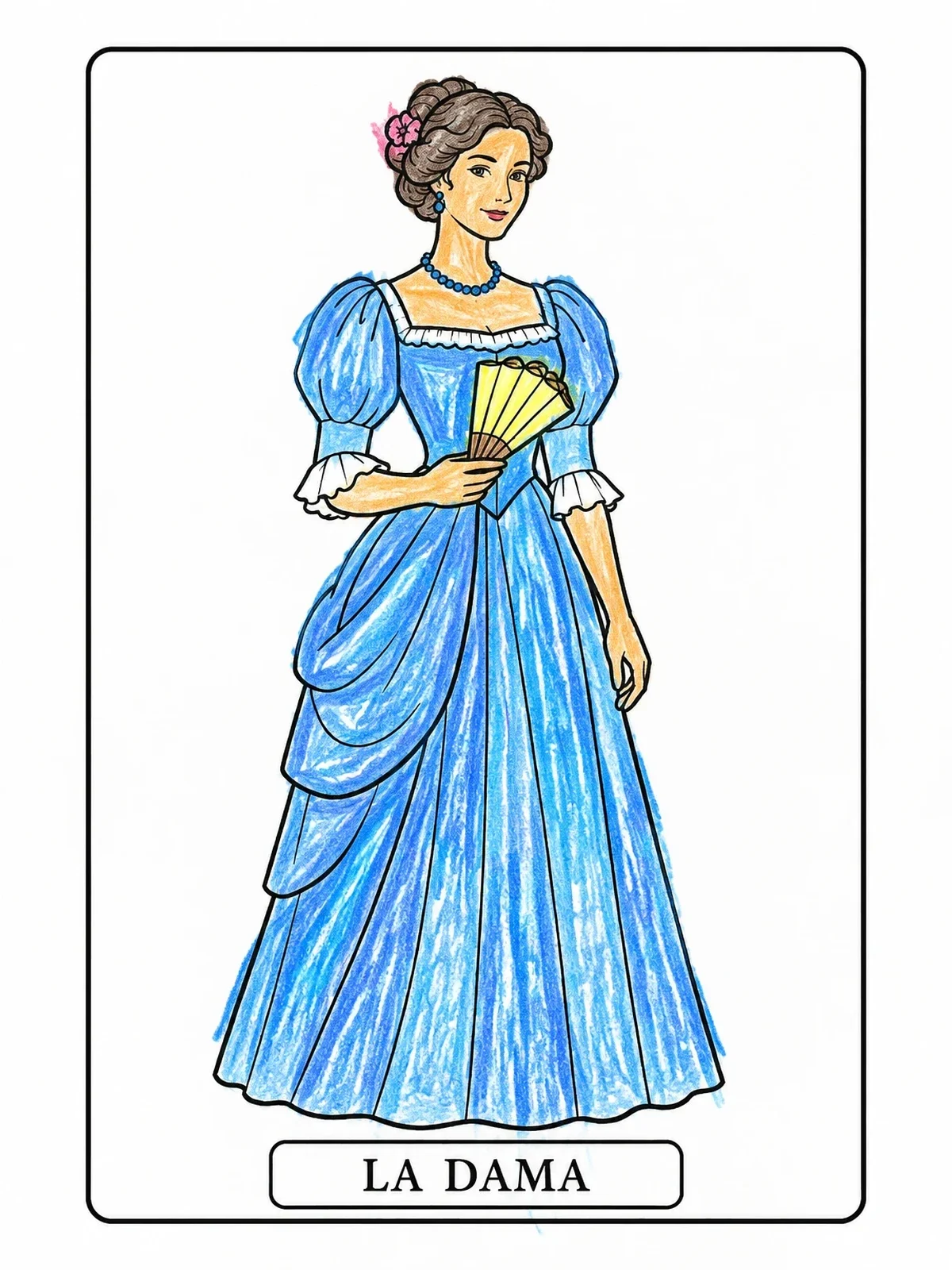 Colored example of the La Dama Loteria Card coloring page